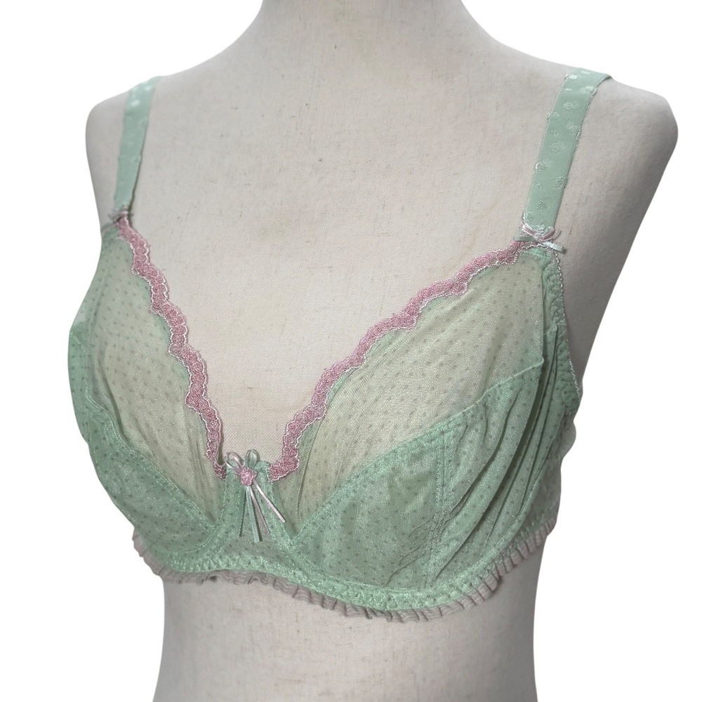 Freya Womens Lace Trim Bra 34DD Mint Green Swiss Dot Lace Trim Underwire Plunge